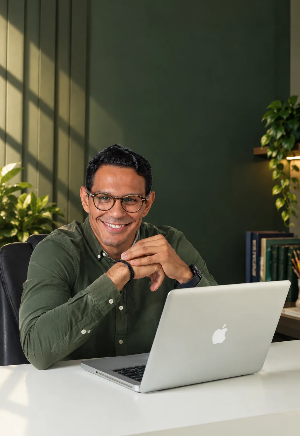 Saulo Rocha, psicólogo clínico, sorrindo à mesa com o notebook